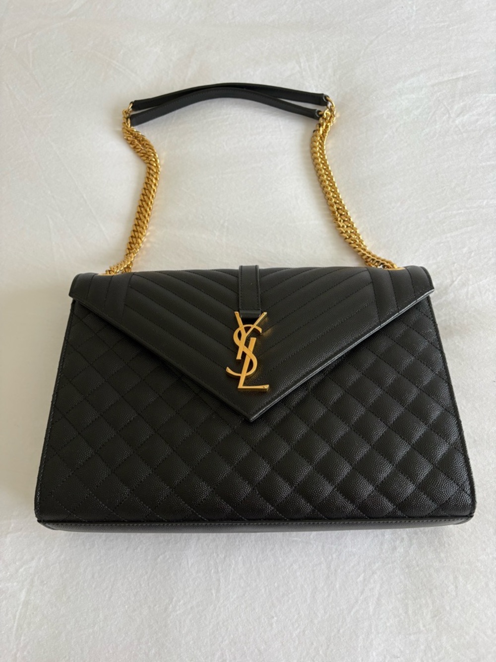 Saint Laurent Black Quilted Envelope Shoulder Bag with Gold YSL Hardware